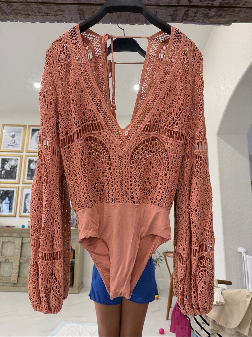 Jen's Pirate Booty Terracotta Crochet V-Neck Long Sleeve Bodysuit